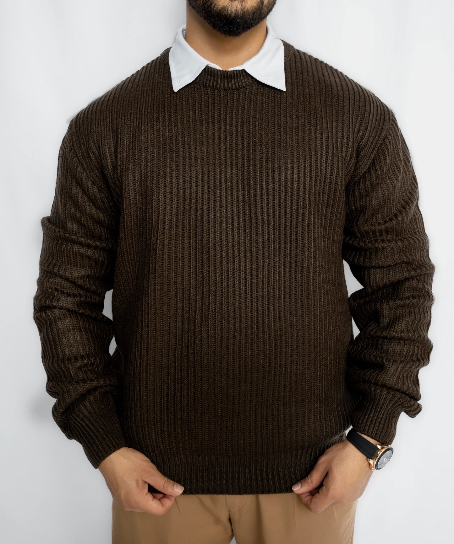 CHOCOLATE BROWN KNIT ROUND NECK SWEATER
