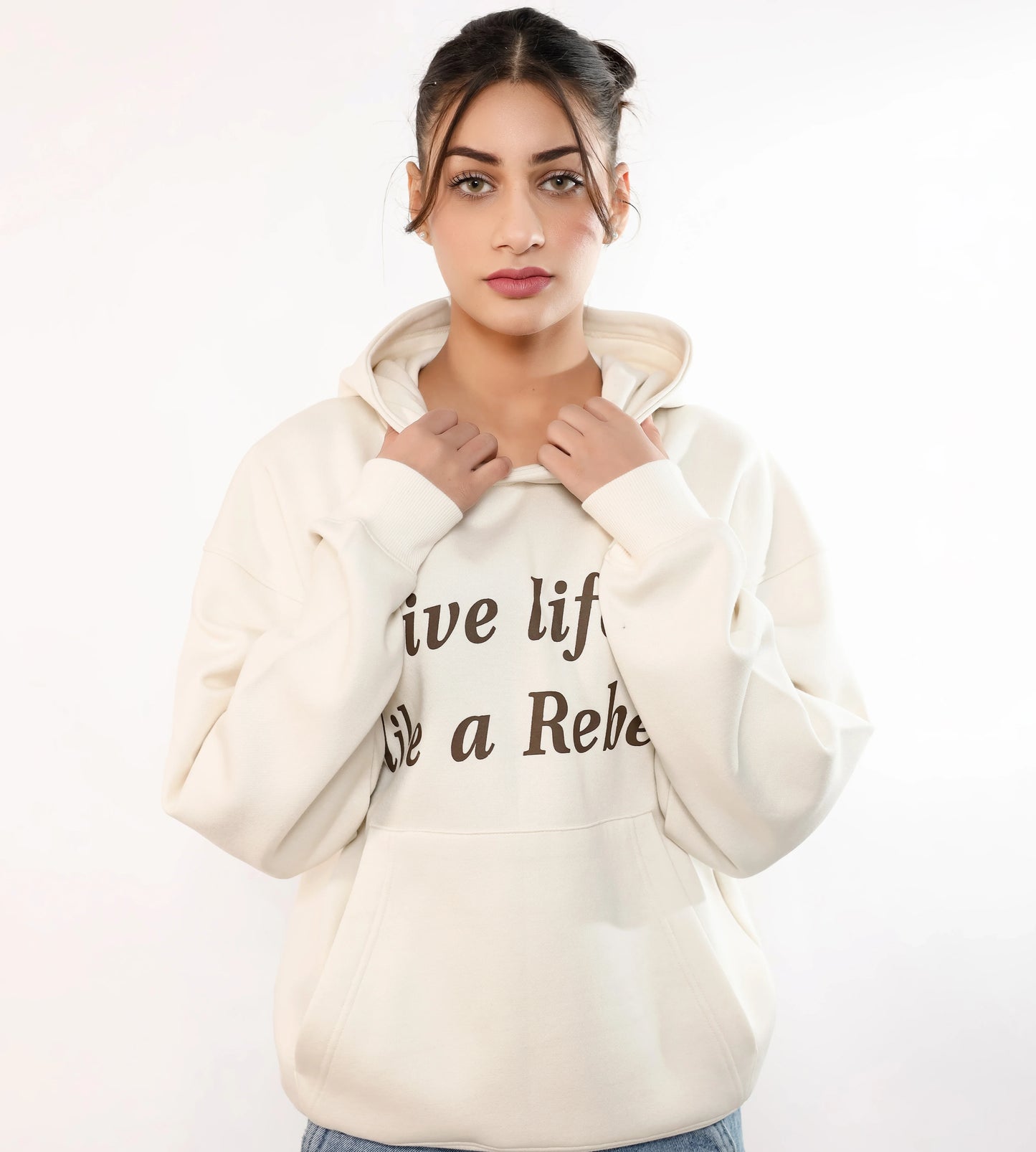 Cream White Printed Hoodie