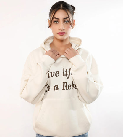 Cream White Printed Hoodie