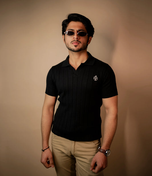RICH BLACK COTTON DROP NEEDLE POLO