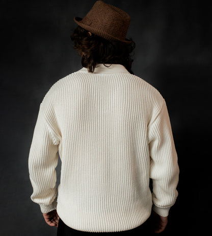 Ivory White Knitted Johnny Collar Sweater
